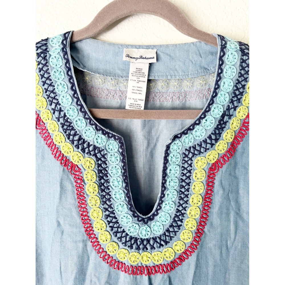 Tommy Bahama Blue Chambray Tencel Embroidered Dress Size Medium READ - Picture 5 of 7